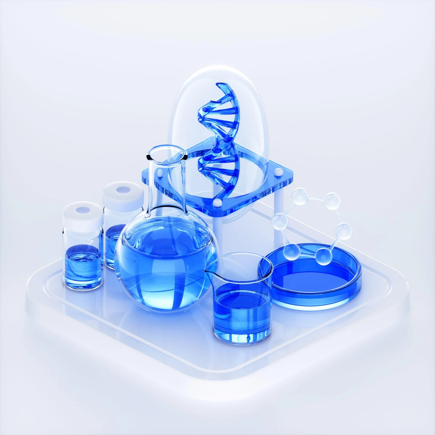 نمای شیشهای آبی از مارپیچ DNA و ابزارهای آزمایشگاهی